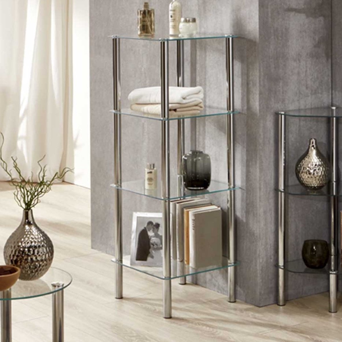 Rek Heiko 39cm, 4 legplanken - chroom/glas