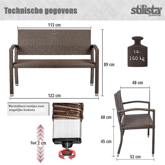 STILISTA Tuinbank - Rotan - Wicker - 2-zits - 122 x 52 x 89 cm - Belastbaar tot 160 kg - Zwart - Stilista
