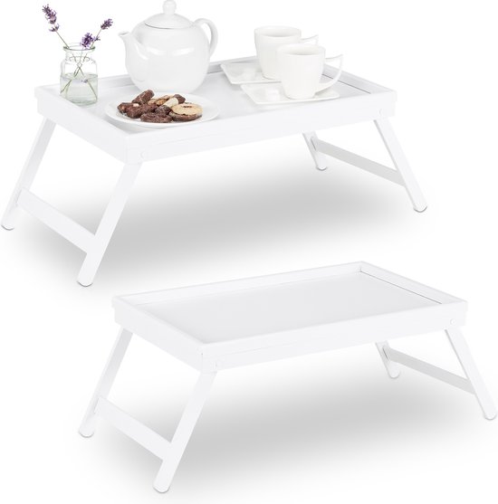Relaxdays 2x bedtafel bamboe wit - dienbladtafel - dienblad op pootjes - klapbaar - op bed