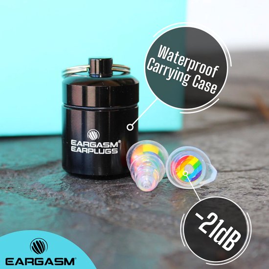 Zwarte Eargasm oordoppen koker met twee regenboog oordopjes en een '-21dB' sticker.