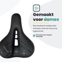 Zwart damesfietszadel van Voltano met uitsparing, perforaties en ergonomisch ontwerp.