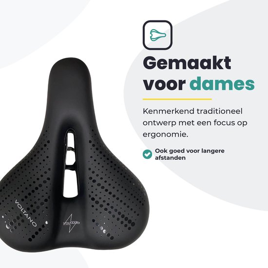 Zwart damesfietszadel van Voltano met uitsparing, perforaties en ergonomisch ontwerp.