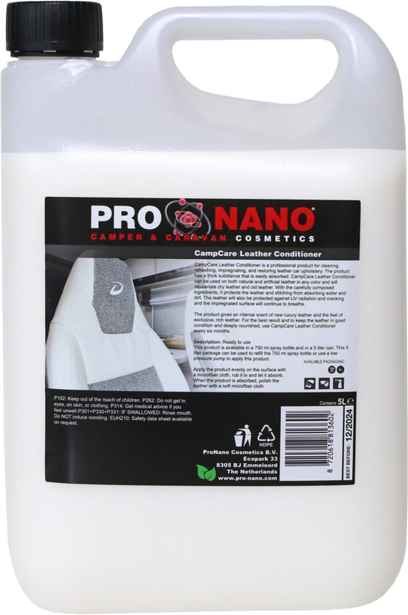 ProNano | CampCare Camper- & Caravan reinigers | Leather Conditioner 750ml | Nano Technologie| Professioneel product voor het reinigen, opfrissen, impregneren en herstellen van lederen autobekleding |