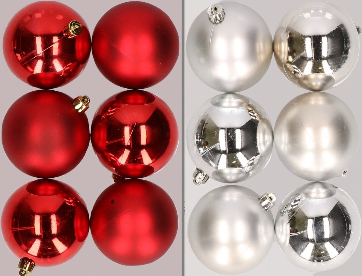 12x stuks kunststof kerstballen mix van rood en zilver 8 cm - Kerstversiering
