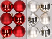 12x pcs boules de Noël en plastique mélange de rouge et d'argent 8 cm - Décorations de Noël