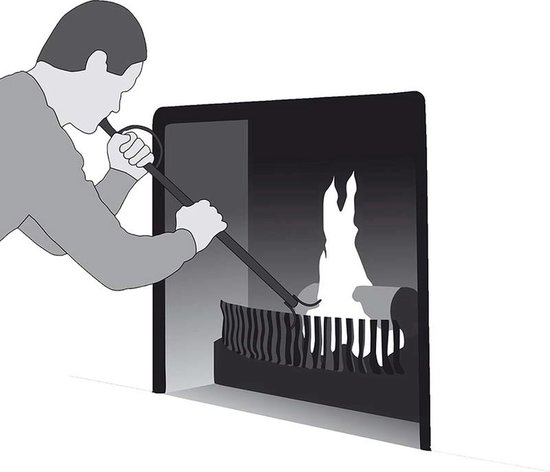 Illustratie van een man die met een blaasroer vuur in een haard aanblaast.