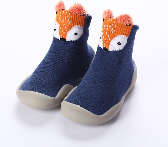 Blauwe babysokjes met vos-print en oranje pompon-oren, grijze zolen.