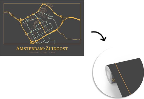 Papier peint - Papier peint photo Map - Amsterdam- Sud-Est - Zwart - Or - Largeur 360 cm x hauteur 240 cm