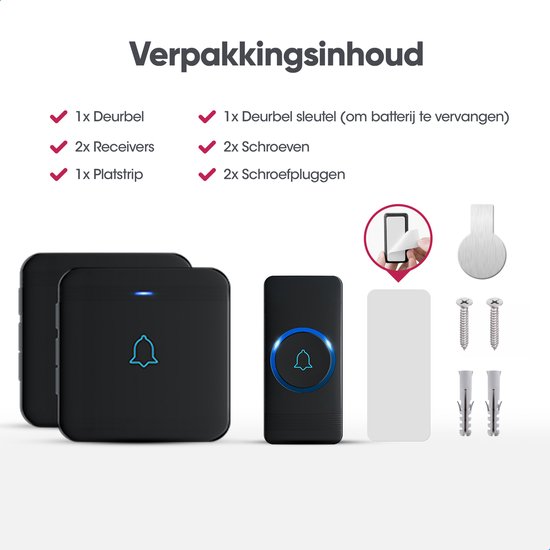 AVANTEK Draadloze deurbel met 2 ontvangers - Zwart - Bereik 400 meter - Waterdicht - Zonder batterijen - 52 melodieën