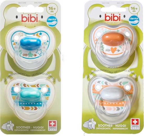 Product: Bibi Happiness Bohemian DUO Dental Fopspeen Voordeelpack 16 maanden plus Blauw, Oranje, van het merk Bibi