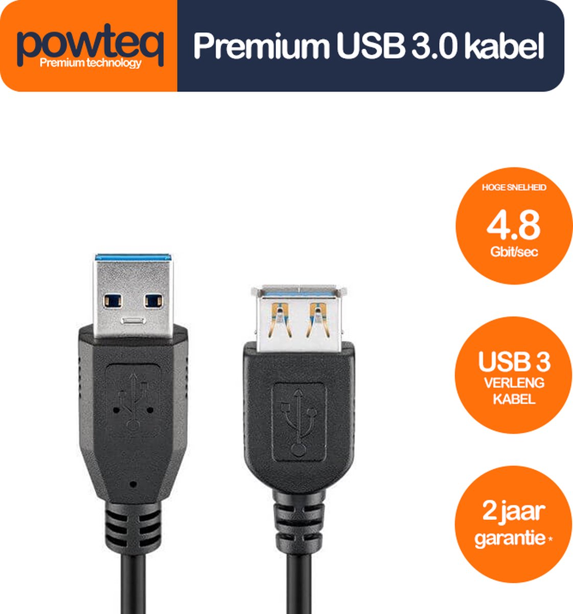 Powteq - 1.8 meter premium USB 3.0 verlengkabel - USB A male naar USB A female