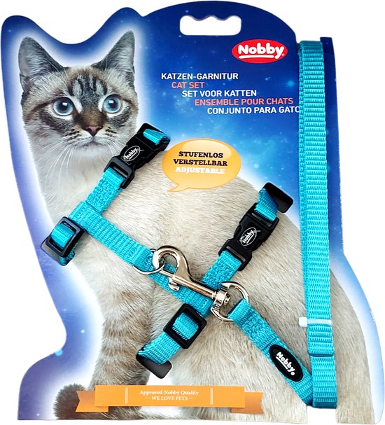 Nobby kat - katten - kattentuigje met looplijn - kattenhalsband met belletje - looplijn kat - tuigje kat - blauw