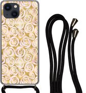 Hoesje met koord Geschikt voor iPhone 13 Mini - Marmer print - Goud - Rozen - Patronen - Siliconen - Crossbody - Backcover met Koord - Telefoonhoesje met koord - Hoesje met touw