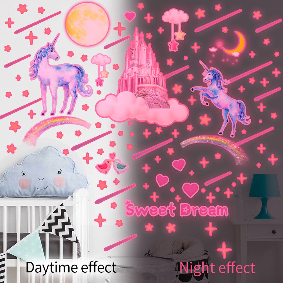Glow in the Dark Roze Eenhoorn en Kasteel/Fluorescerende Sticker Kinderkamer Zelfklevende Cartoon Muursticker 20×30 CM * 4