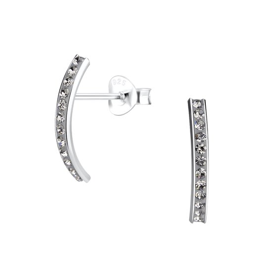 Zilver curved 24 zwart kristal oorstekers | crystal ear studs | oorbellen dames zilver | Zilverana | sieraden vrouw | Sterling 925 Silver