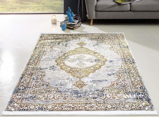 Flycarpets Hana Wasbaar Vintage Vloerkleed - Grijs / Goud- Laagpolig Tapijt Woonkamer - 120x170 cm