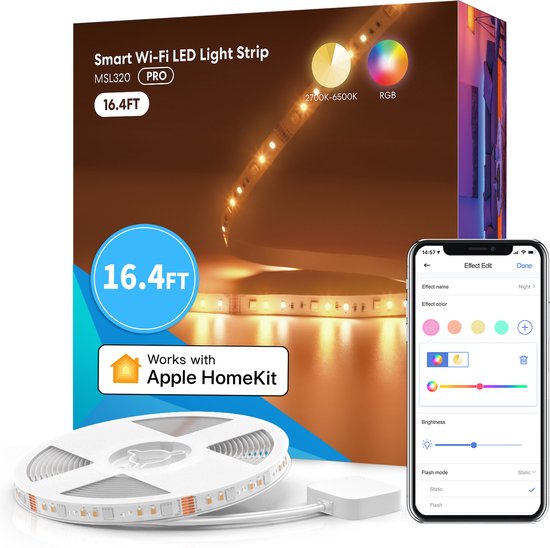 Meross WLAN RGBW Strip fonctionne avec Apple HomeKit, Smart LED 5 m strip, changement de couleur et commande vocale, avec Alexa, Google, pour la maison, la fête, Noël [Classe énergétique A]