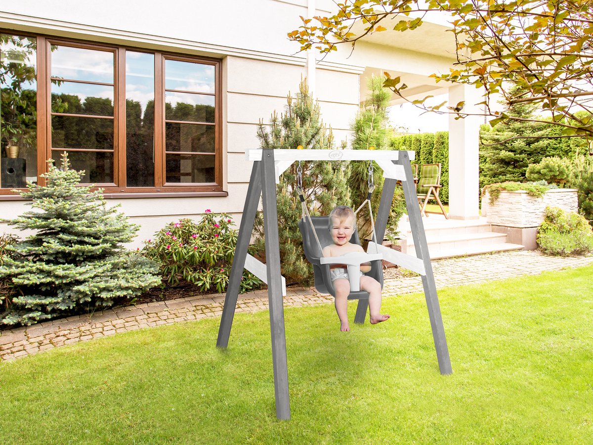 AXI Baby Schommel in Grijs/Wit met Zitje in Grijs/Wit - FSC hout - Babyschommel voor kindjes van 9-36 maanden - Met 4 grondankers — afbeelding 2