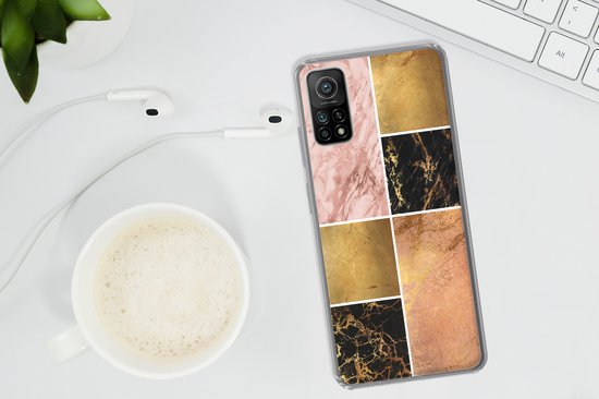 Telefoonhoesje Geschikt voor Xiaomi Mi 10T 5G hoesje - Marmer print - Rosé - Goud - Siliconen Telefoonhoesje Telefoonhoesje