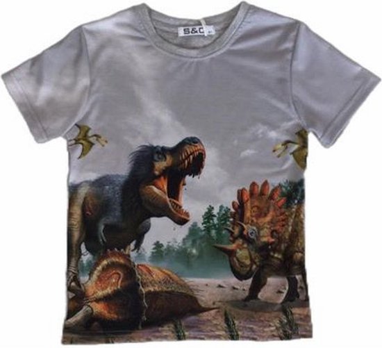 S&C Dinosaurus Shirt  - Triceratops  / T-Rex -  Grijs  -  Maat 122/128 (8 jaar)