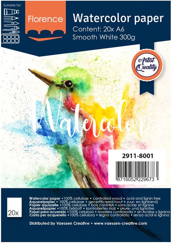 Aquarelpapier – Intense White – A6 – 300 grams – Gladde Structuur – Smooth – Florence – 20 vellen