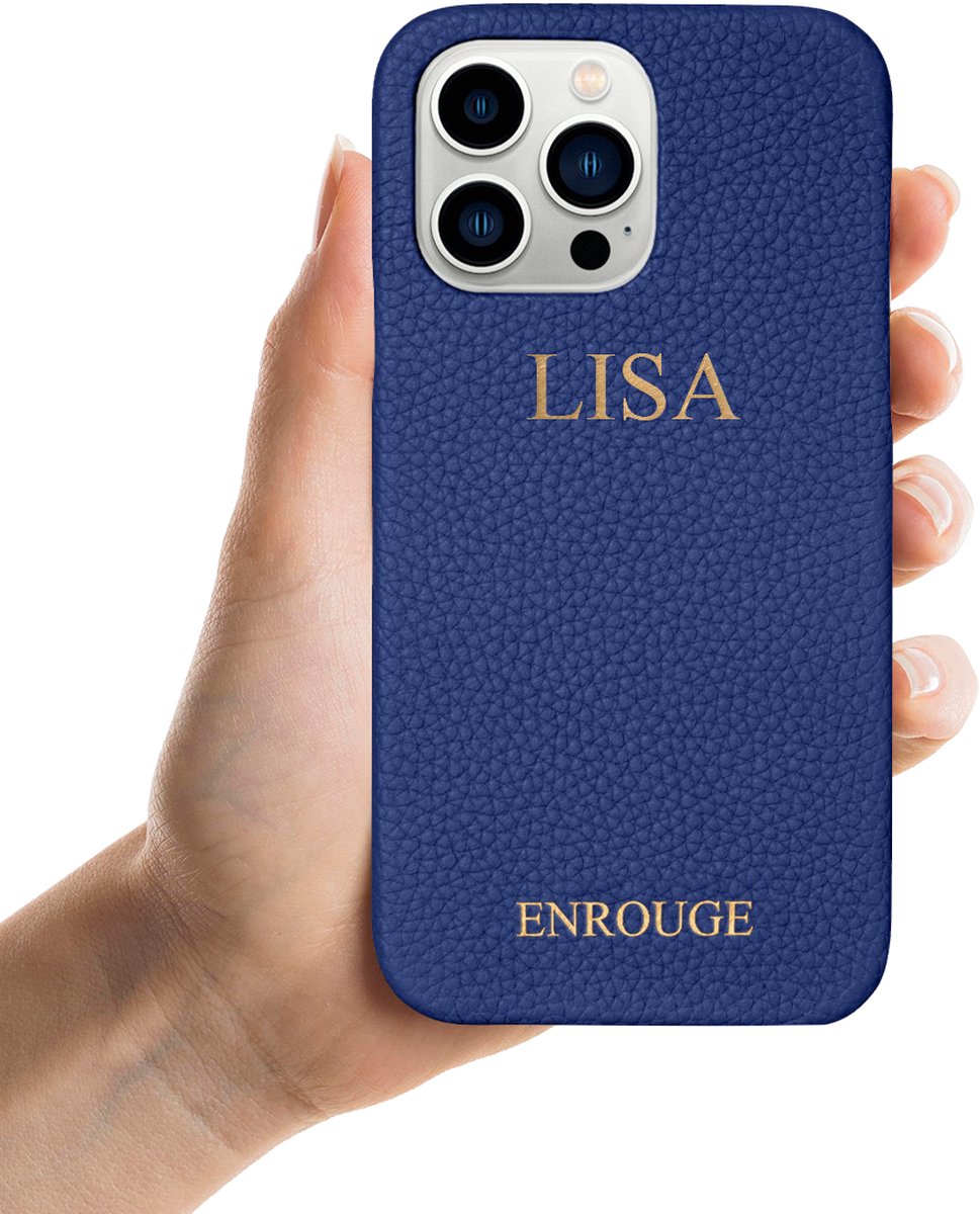 ENROUGE Iphone 13 Pro Max Case LAPIS BLUE | Luxe Hoesje van Echt Leer | Gepersonaliseerd met Naam of Initialen | 100% Leder | Cadeautip Inclusief Geschenkverpakking