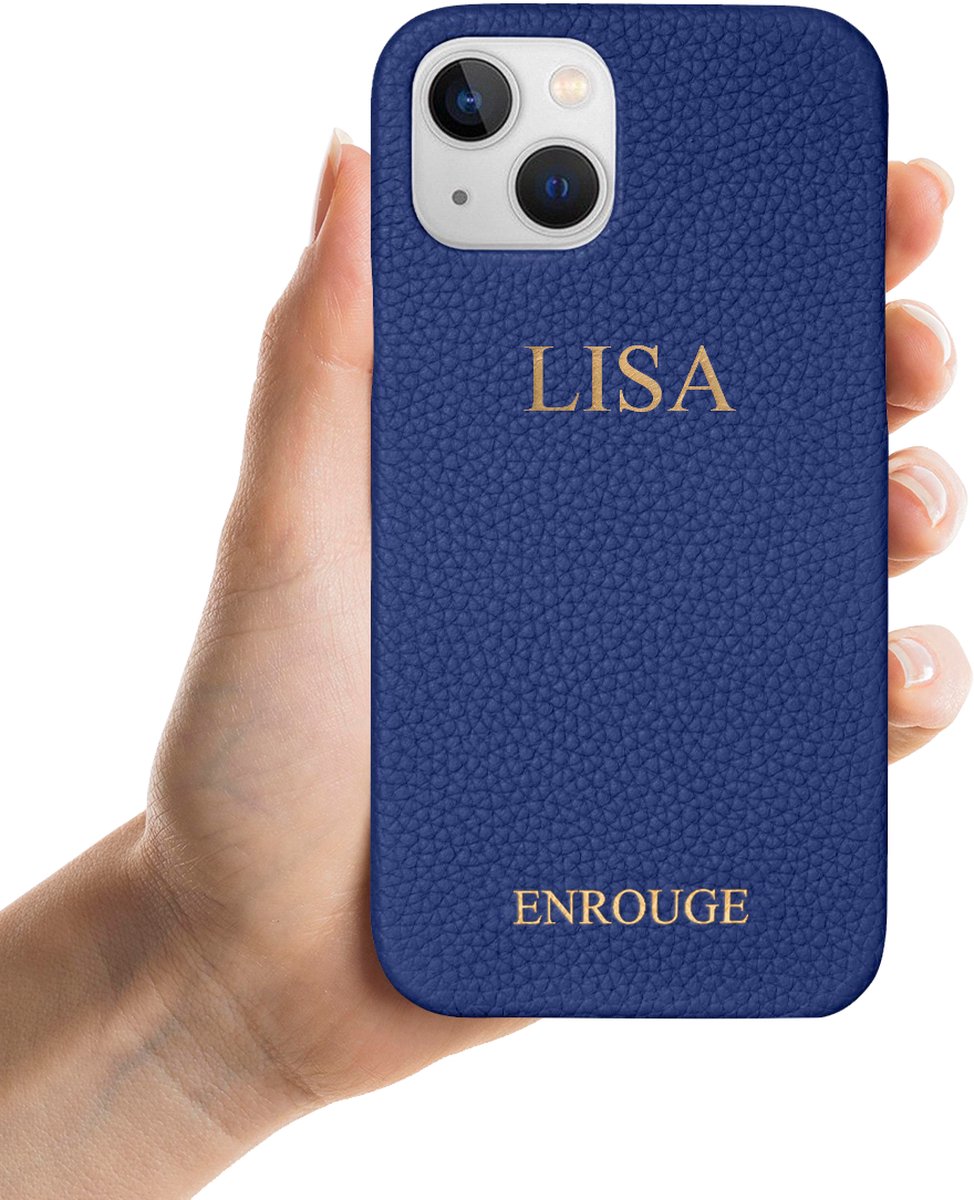 ENROUGE Iphone 13 Mini Case LAPIS BLUE | Luxe Hoesje van Echt Leer | Gepersonaliseerd met Naam of Initialen | 100% Leder | Cadeautip Inclusief Geschenkverpakking