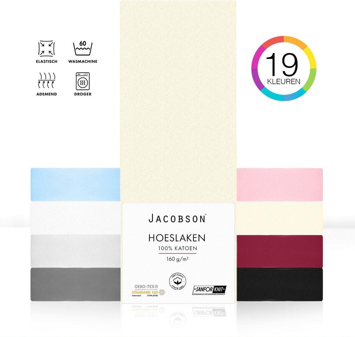 Jacobson PREMIUM - Jersey Hoeslaken - 180x200cm - 100% Katoen - tot 25cm matrasdikte - Natural / Crème