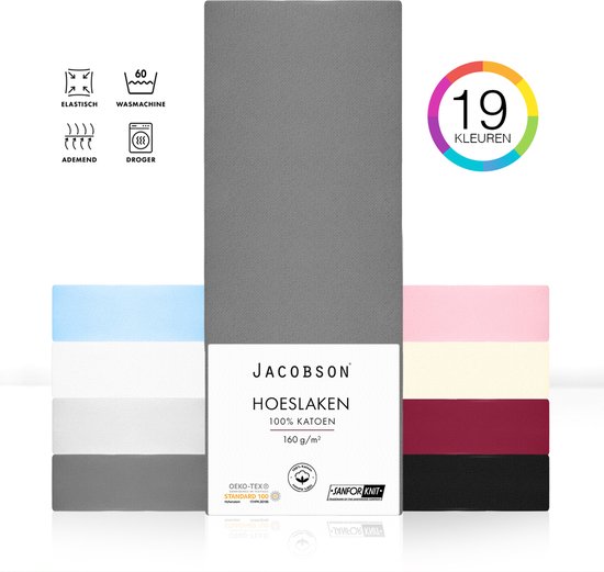 Jacobson PREMIUM - Jersey Hoeslaken - 90x200cm - 100% Katoen - tot 25cm matrasdikte - Antraciet