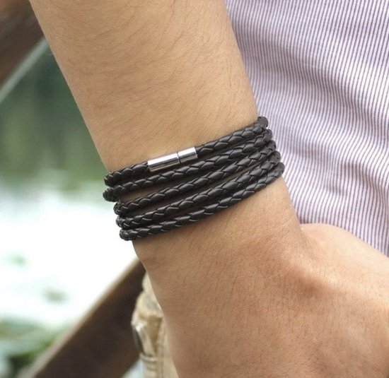 Bracelet Homme En Cuir Marron Et Métal - Bijou Cadeau Moderne Et Masculin