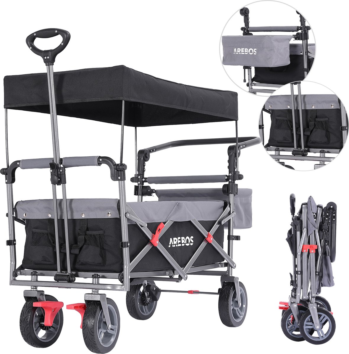 Arebos Premium Bolderkar Opvouwbaar - luchtbanden met dak - 100 kg - zwart/grijs
