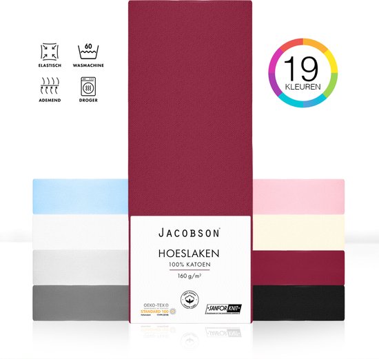 Jacobson PREMIUM - Jersey Hoeslaken - 100x200cm - 100% Katoen - tot 23cm matrasdikte - Wijnrood
