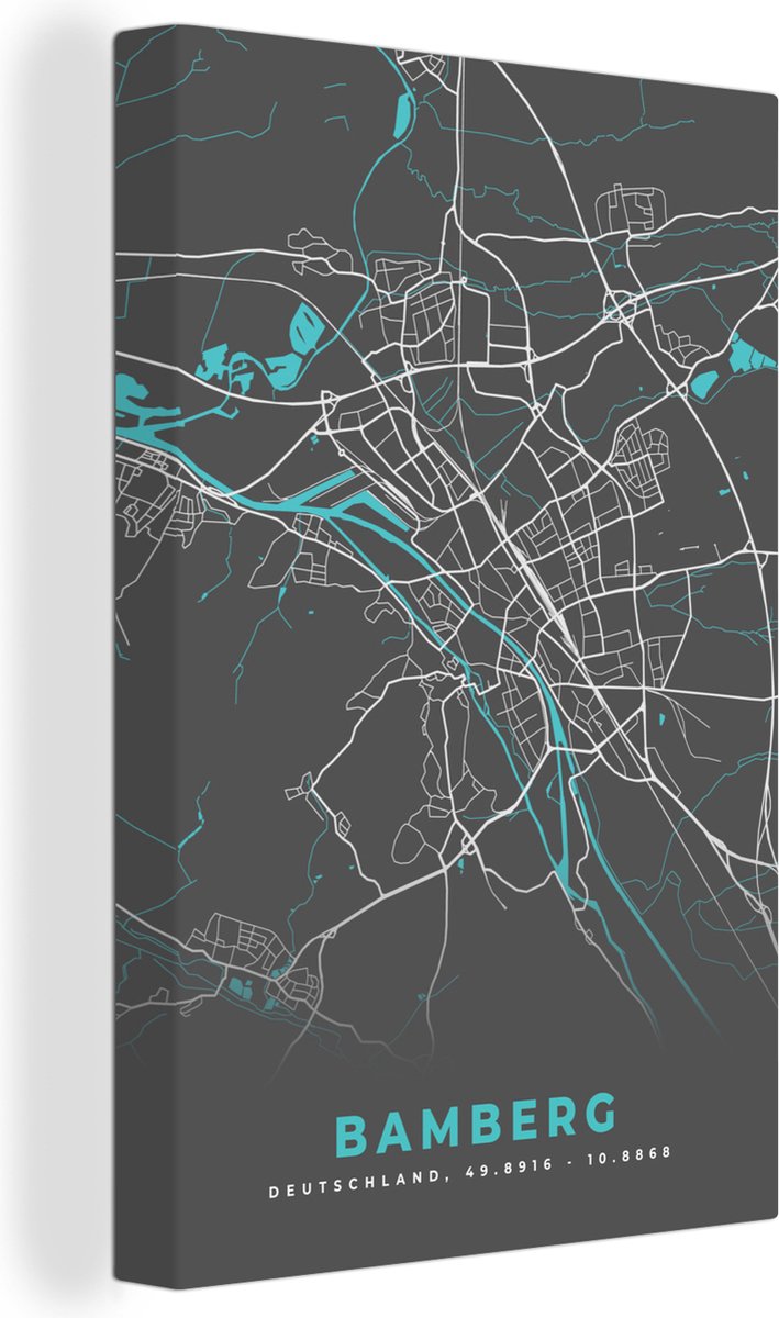 Canvas Schilderij Duitsland – Blauw – Bamberg – Stadskaart – Kaart – Plattegrond - 40x60 cm - Wanddecoratie