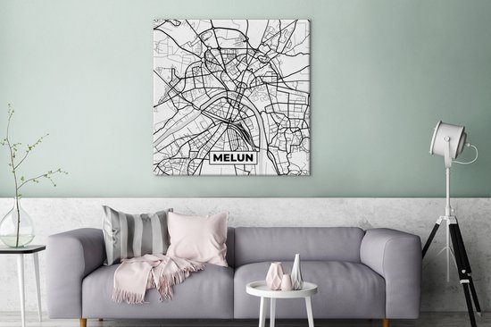 Canvas Schilderij Kaart – Melun - Stadskaart – Frankrijk – Plattegrond - Zwart wit - 90x90 cm - Wanddecoratie - OneMillionCanvasses