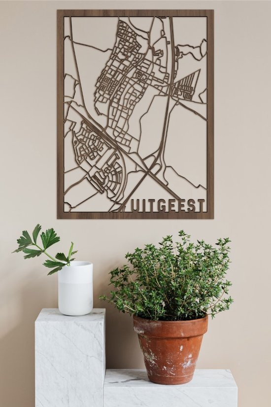 Houten Stadskaart Uitgeest Notenhout 50x70cm Wanddecoratie Voor Aan De Muur City Shapes