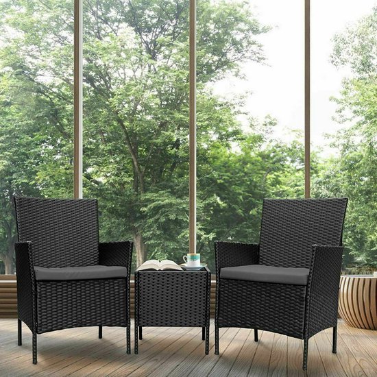 3-delige Tuinset - Tuinstoelen - Tafeltje voor Tuin - Buiten Loungeset - Tuinaccessoires - Stoelen - Tafels - Sfeer in je tuin - Rotan - Zwart