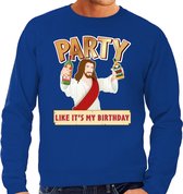 Foute Kersttrui / sweater - Party Jezus - blauw voor heren - kerstkleding / kerst outfit L