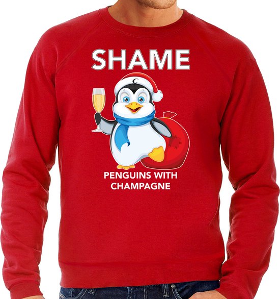 Foto: Pinguin kerstsweater kerst trui shame penguins with champagne rood voor heren kerstkleding christmas outfit l