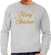 Foute Kersttrui / sweater - Merry Christmas - goud / glitter - grijs - heren - kerstkleding / kerst outfit XXL