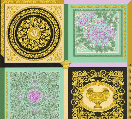 "MEDUSA HOOFD" SATIJN GLANZEND BAROK BEHANG | Design - munt lila zwart goud groen - A.S. Création Versace 5
