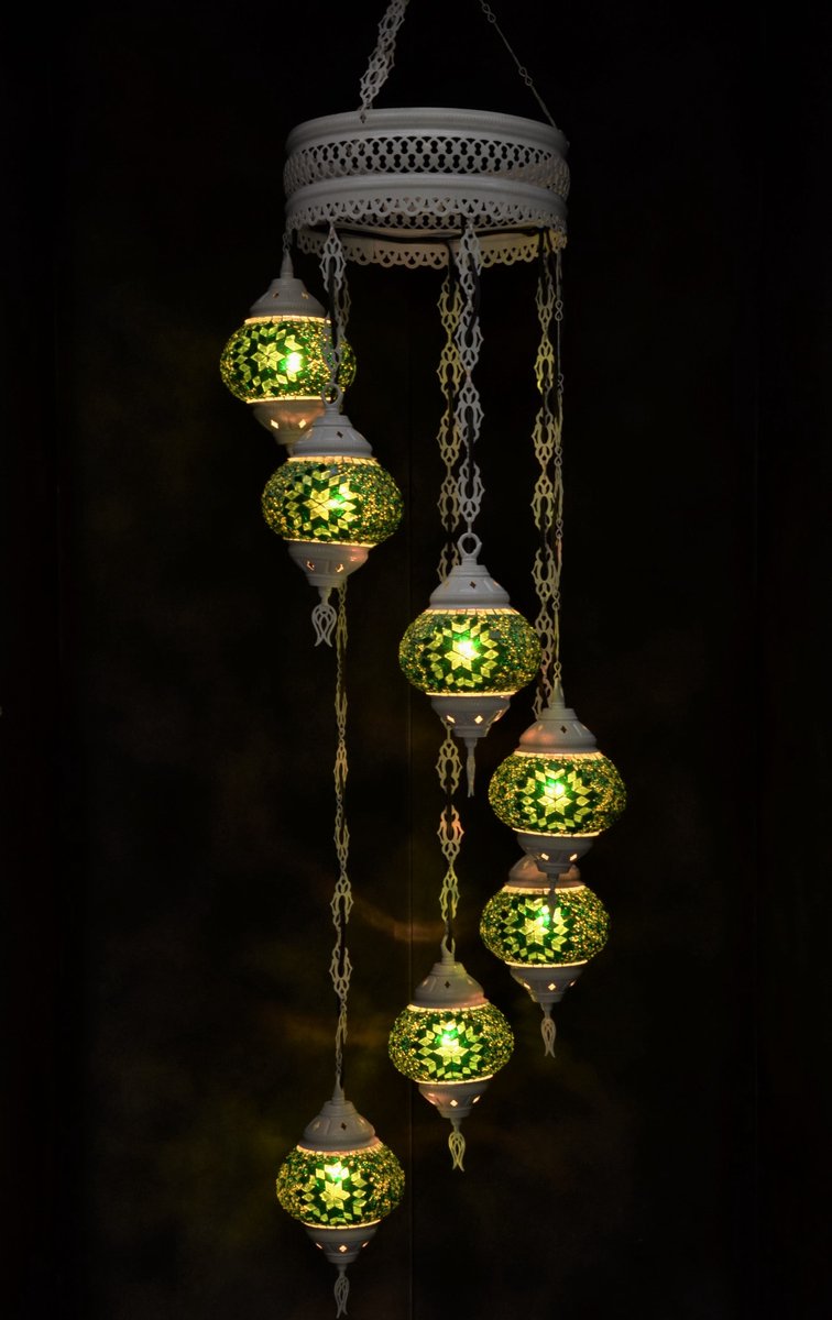 Hanglamp multicolour groen wit glas mozaïek Oosterse lamp kroonluchter Crèmewit 7 bollen