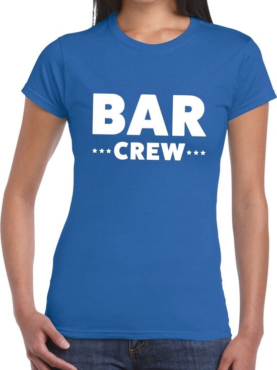 Blauw t-shirt met witte tekst 'BAR CREW' en sterren