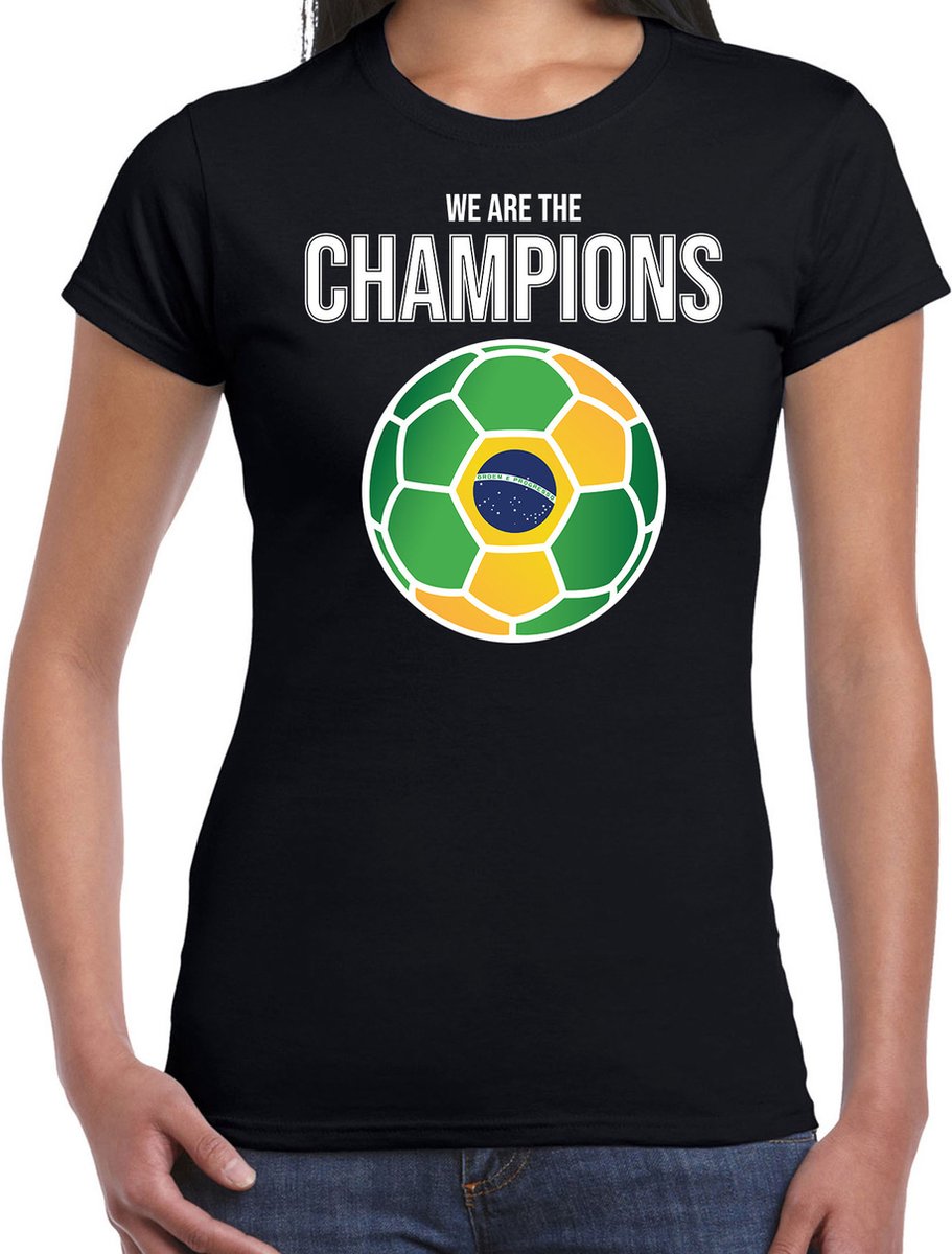 Brazilie WK supporter t-shirt - we are the champions met Braziliaanse voetbal - zwart - dames - kleding / shirt L