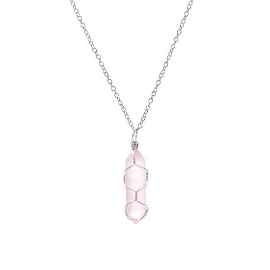 Kasey - Quartz rose enroulé de cristal sur chaîne en argent - Pendentif quartz rose - Collier de pierres précieuses