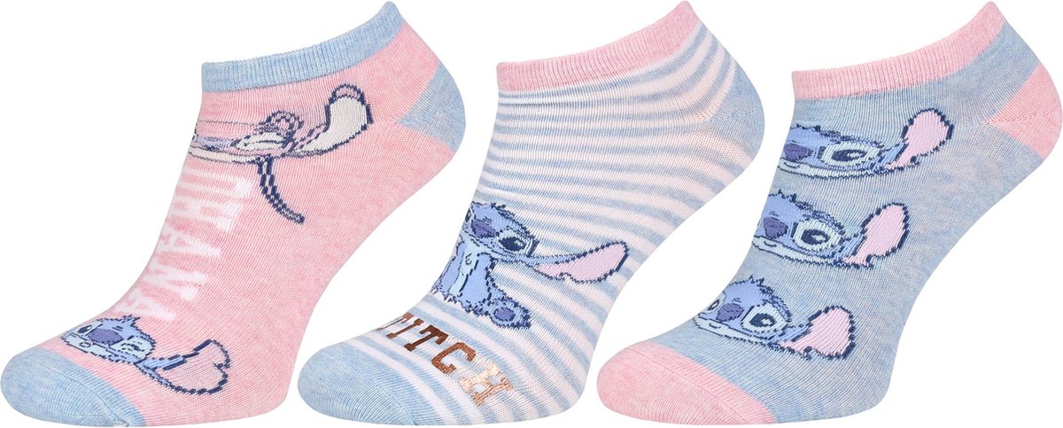 3x Roze-blauwe Stitch Disney, OEKO-TEX lage sokken / 37-42