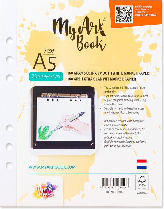 Foto: Aquarelpapier ultrasmooth glad papier wit a5 160 grams perforatiegaten afscheurrand myartbook 20 vellen