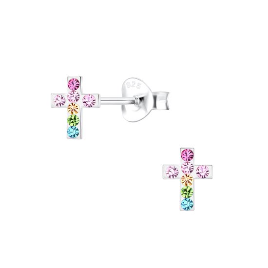 Joy|S - Zilveren petit kruisje oorbellen - 5 x 6 mm - kristal multicolor