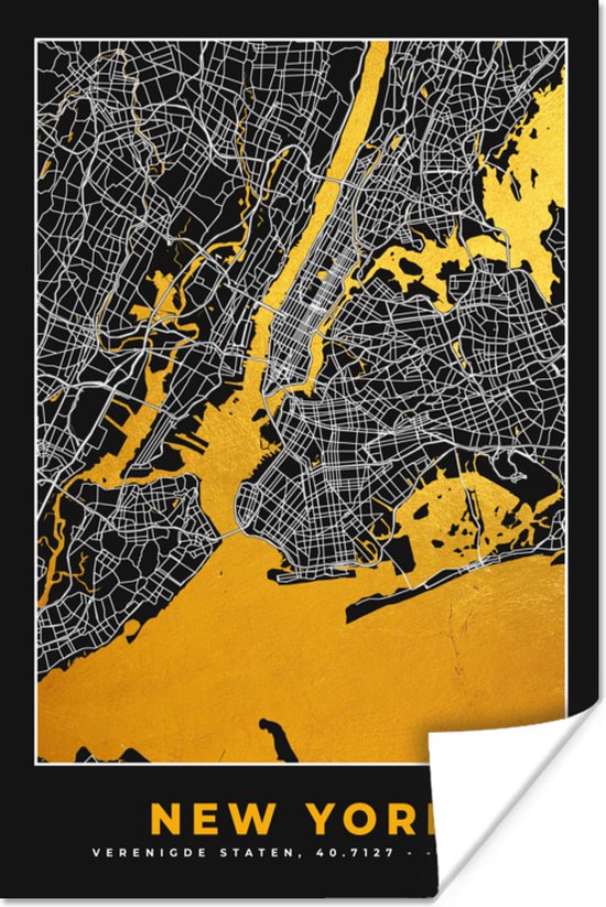 Poster New York - Stadskaart - Goud - Kaart - Plattegrond - 60x90 cm