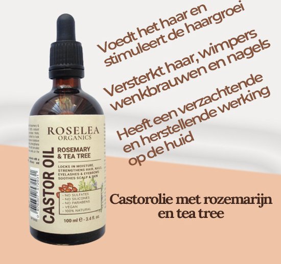 Roselea Organics Castor Olie met Rozemarijn & Tea Tree (flesje met pipet) Voedt...