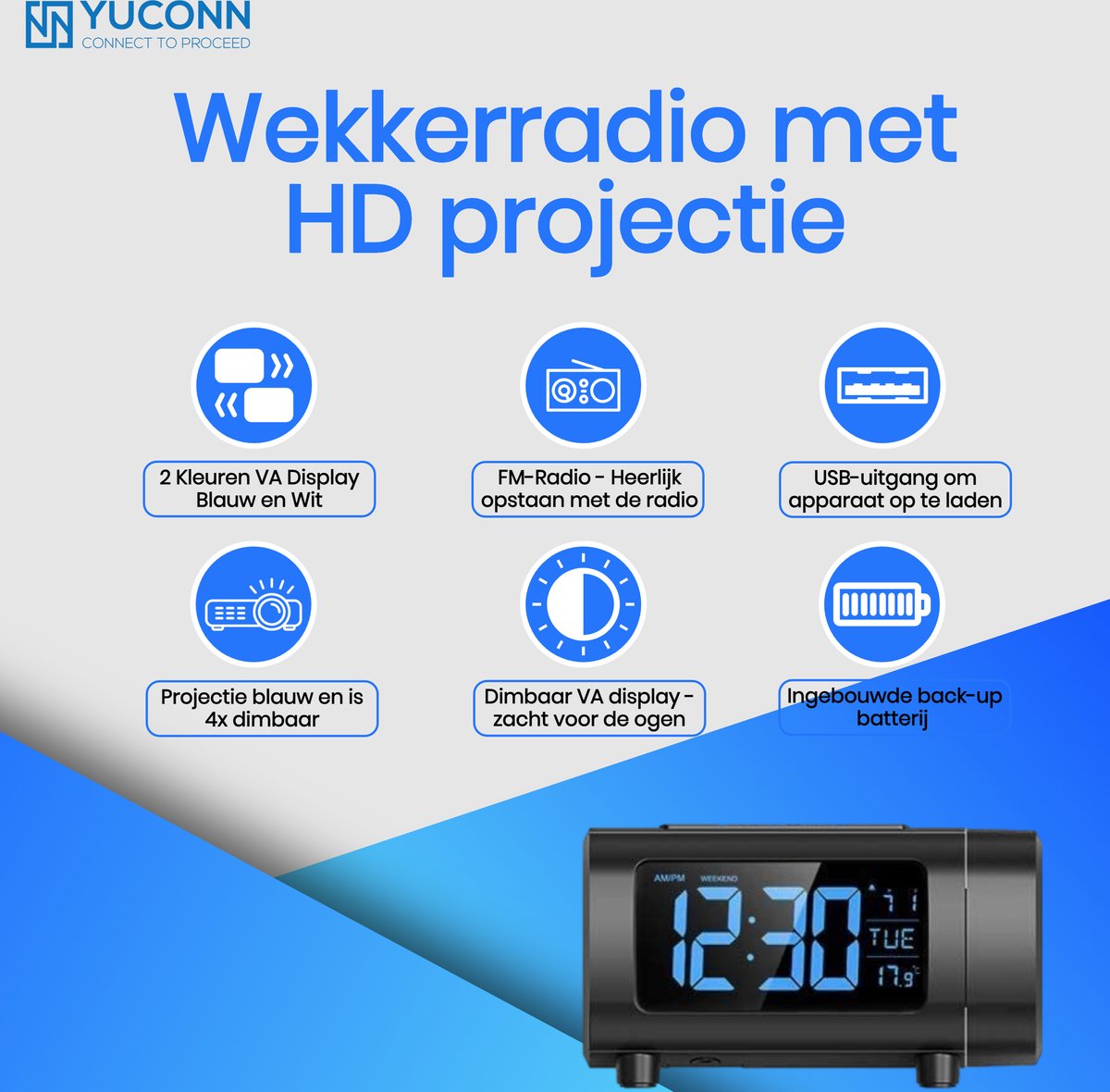 YUCONN Wekkerradio met Projectie - Digitale Klokradio - Wekker met DST -  VA-display... | bol.com